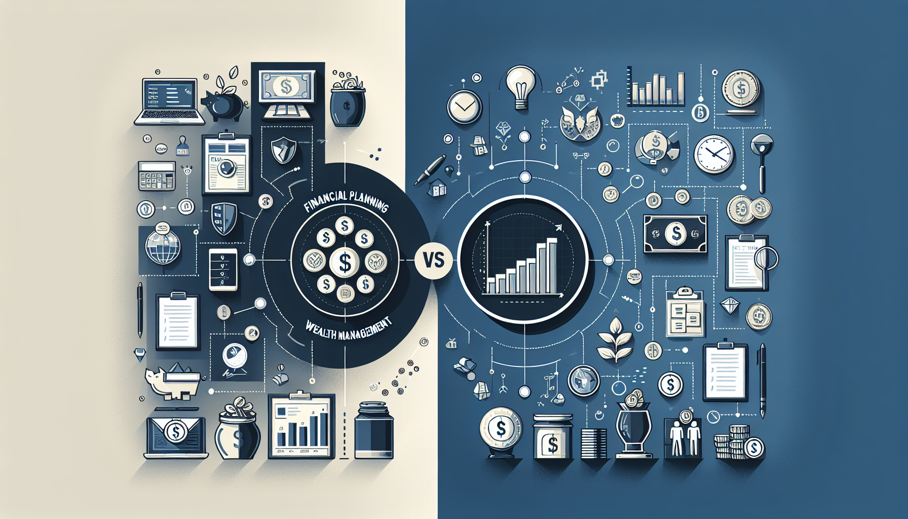 A visual representation highlighting the differences between financial planning and wealth management.